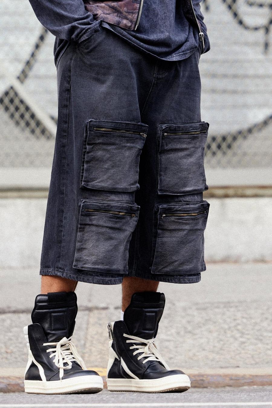 Pantaloni tuta lunghi in denim slavato con zip frontale e tasche Cargo, Charcoal