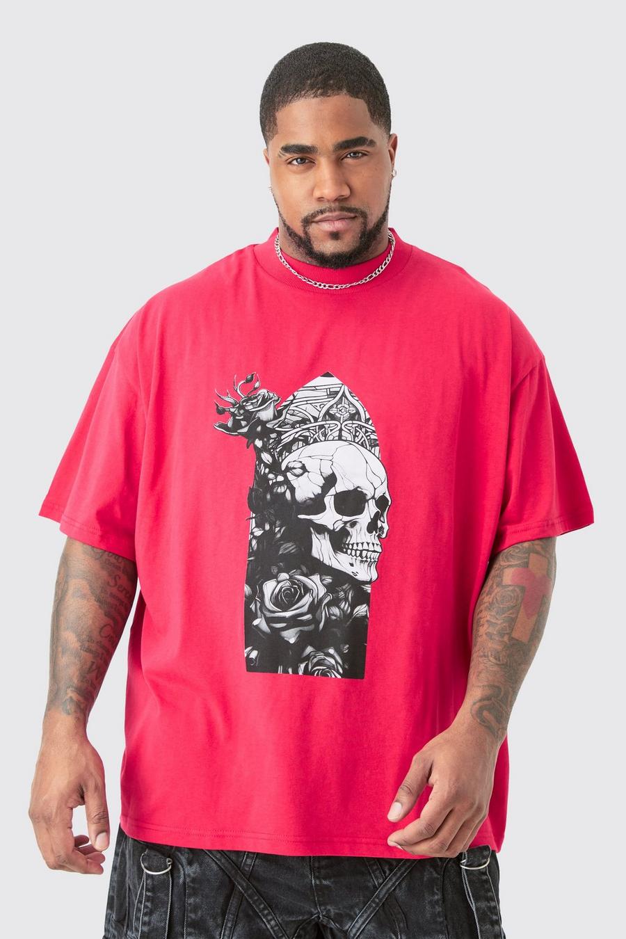 Red Plus Oversized Extended Neck Skull T-shirt image number 1