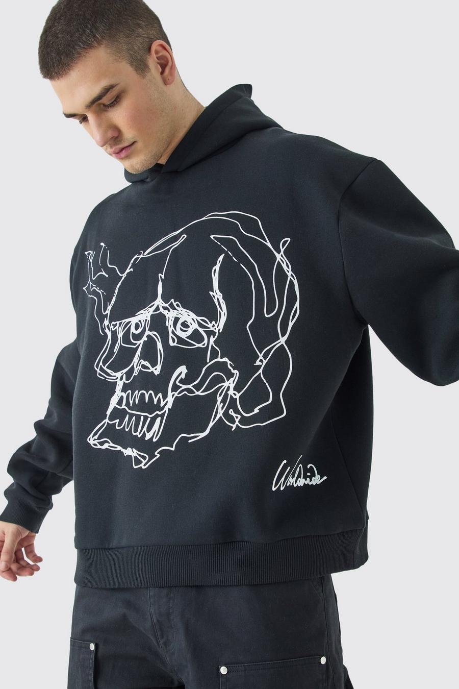 Black Tall Oversized Boxy Skull Line Drawing Hoodie image number 1
