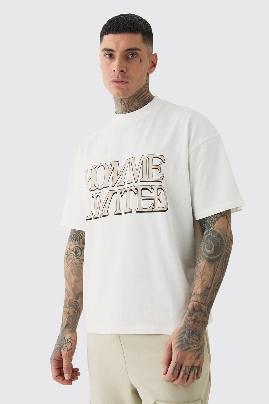Camiseta Tall oversize recta con cuello extendido y estampado Homme Ltd, Ecru