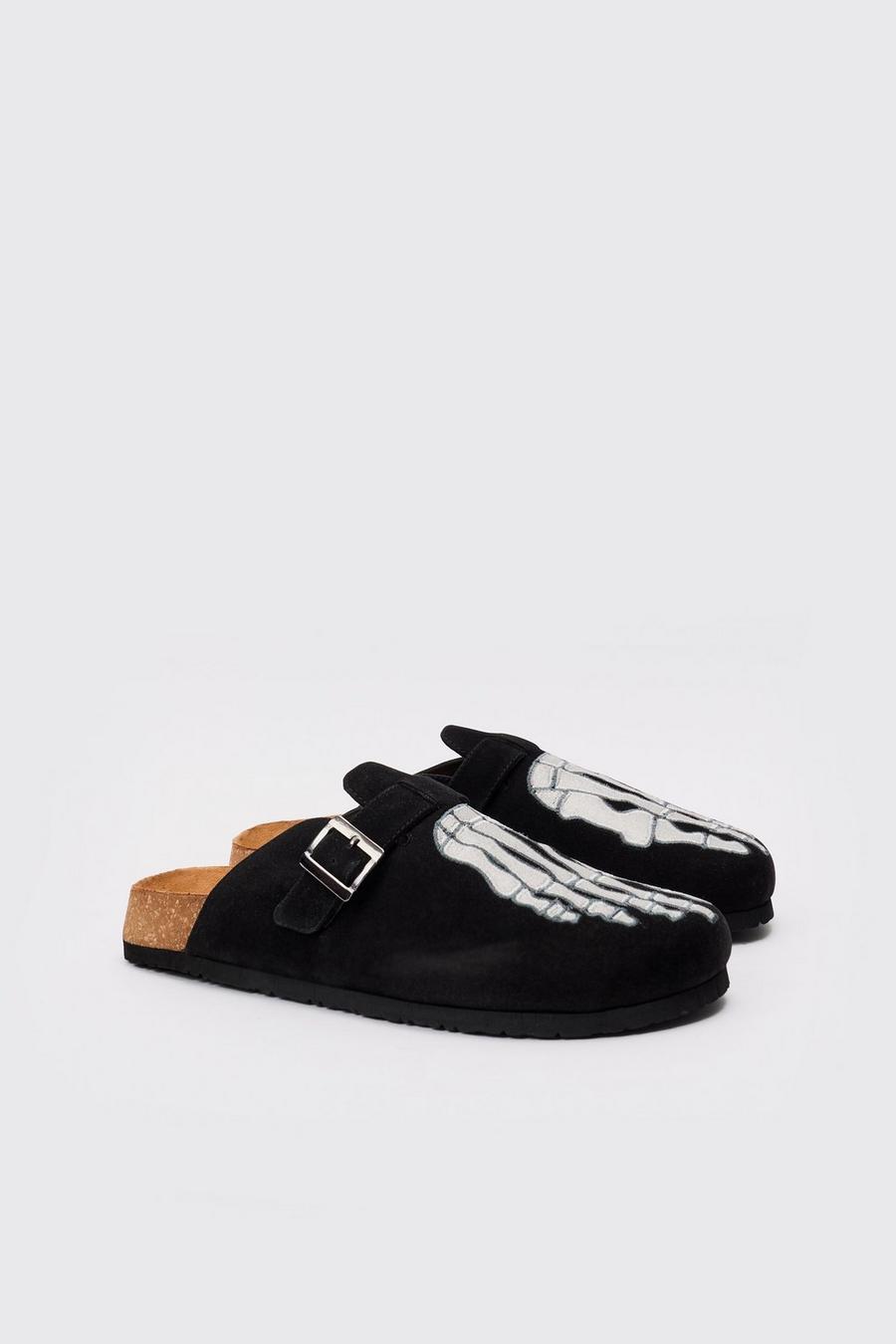 Faux Suede Skeleton Embroidery Mule In Black image number 1