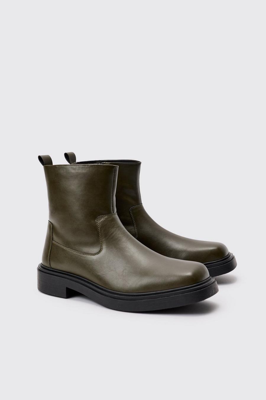 PU Square Toe Zip Up Boot In Green image number 1