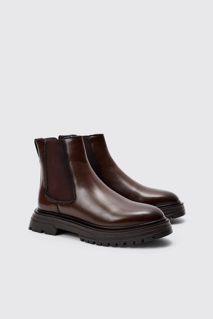 Pu Chunky Sole Chelsea Boot In Brown image number 1