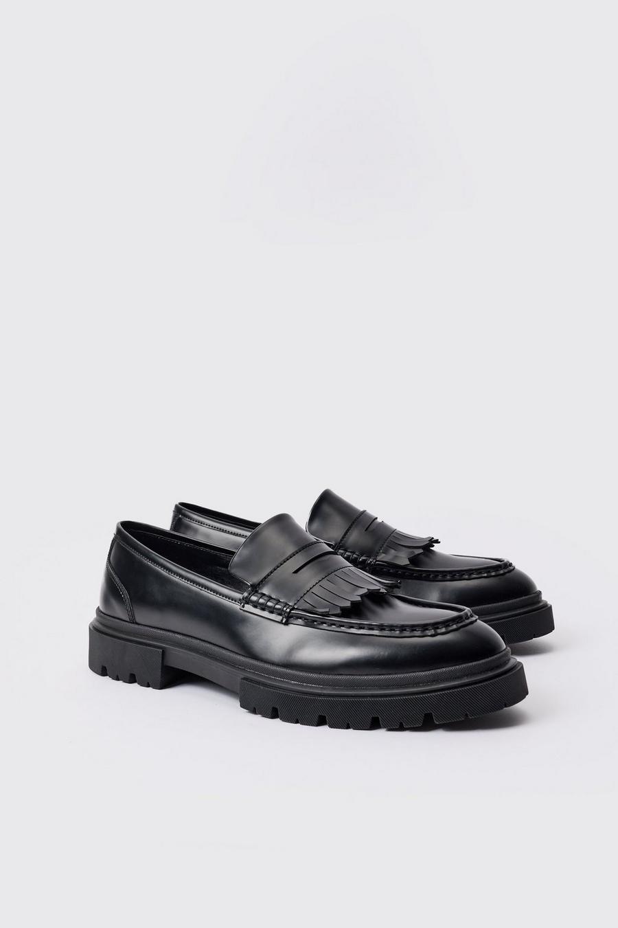 Black Zwarte PU Loafers Met Dikke Zolen En Kwastjes