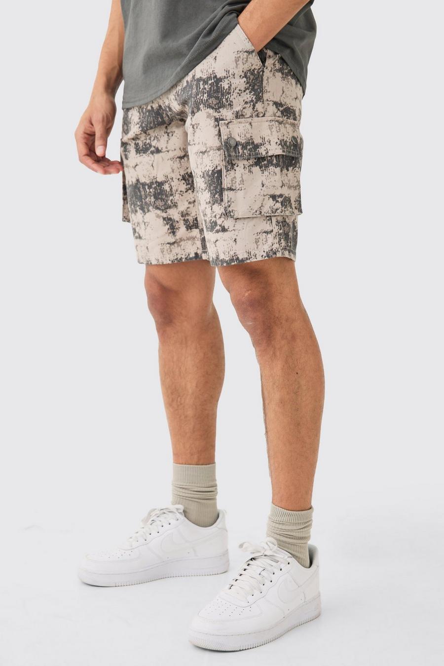 Grey Blurred Camo Fixed Waist Relaxed Cargo Shorts