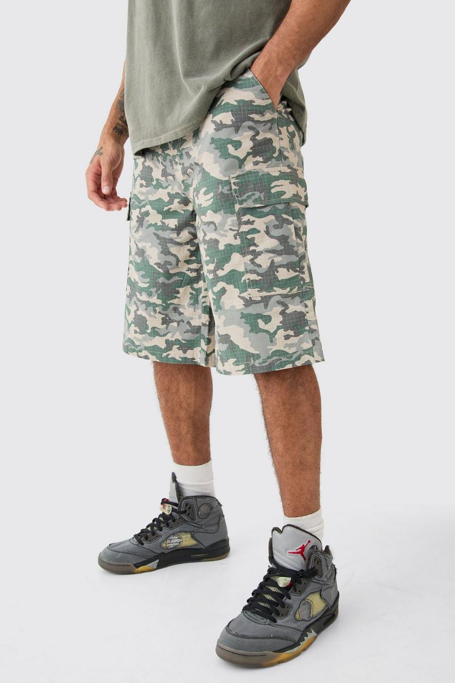 Pantaloni tuta in nylon ripstop in fantasia militare con etichetta intessuta, Khaki