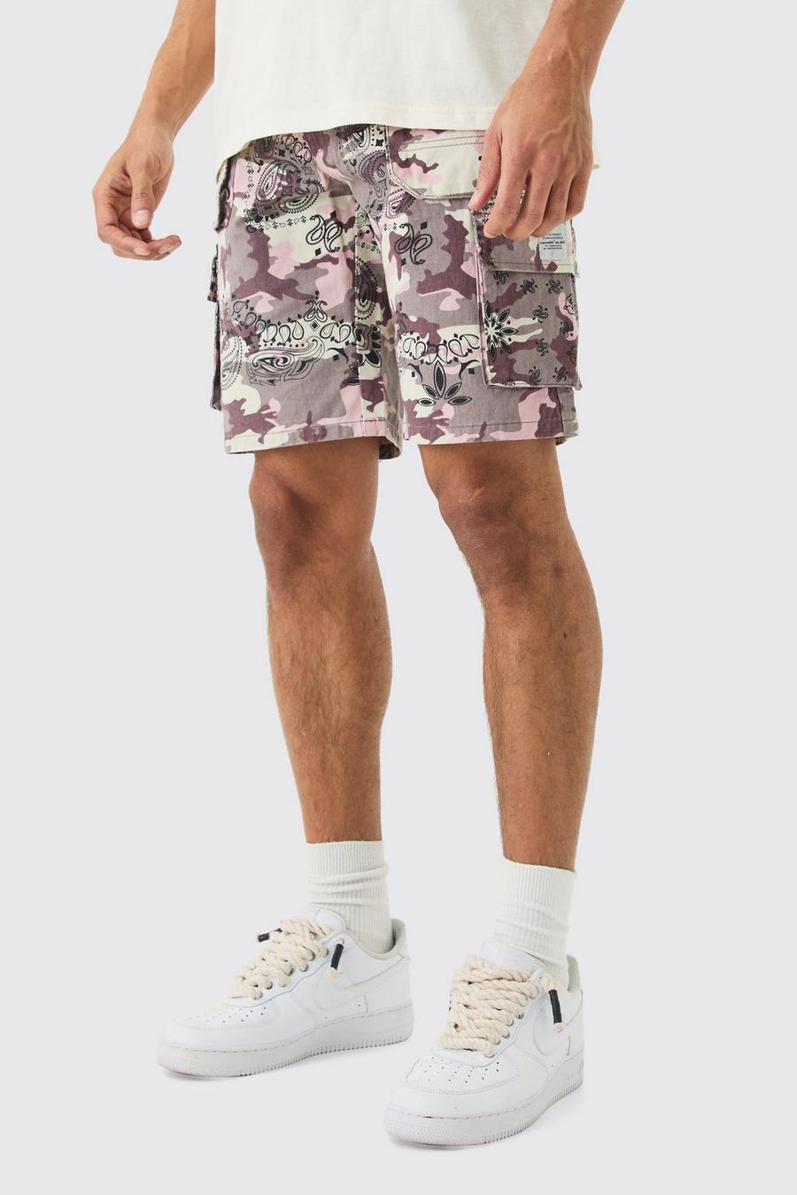 Taupe Fixed Waist Woven Tab Bandanna Camo Relaxed Cargo Shorts image number 1