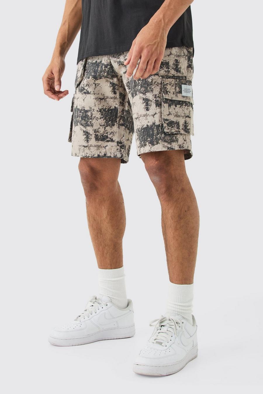 Grey Fixed Waist Woven Tab Blurred Camo Relaxed Cargo Shorts image number 1