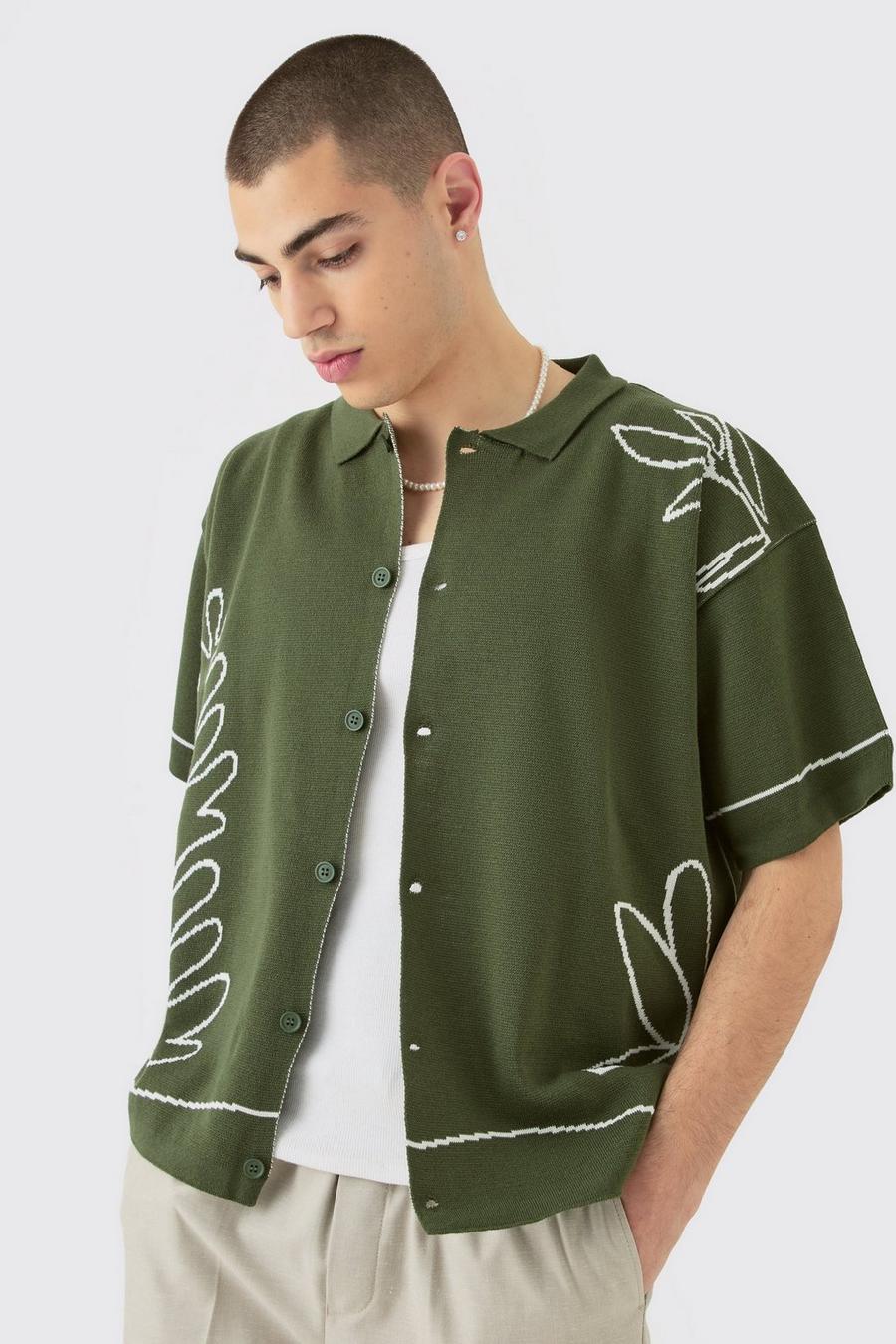 Camisa recta de punto jacquard con detalle abstracto en color verde oliva, Olive