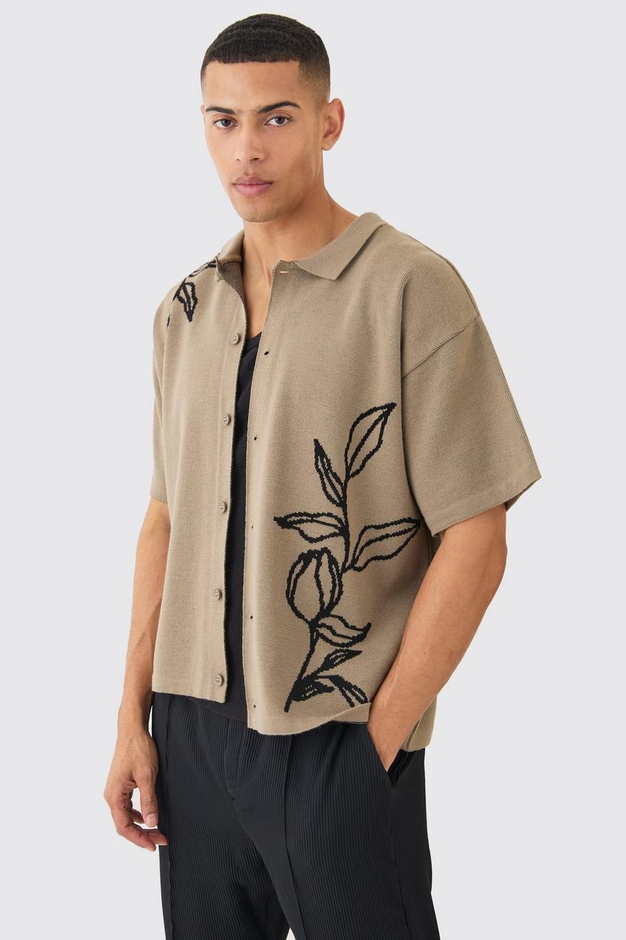 Camicia squadrata in maglia in jacquard color talpa con dettagli a fiori, Taupe