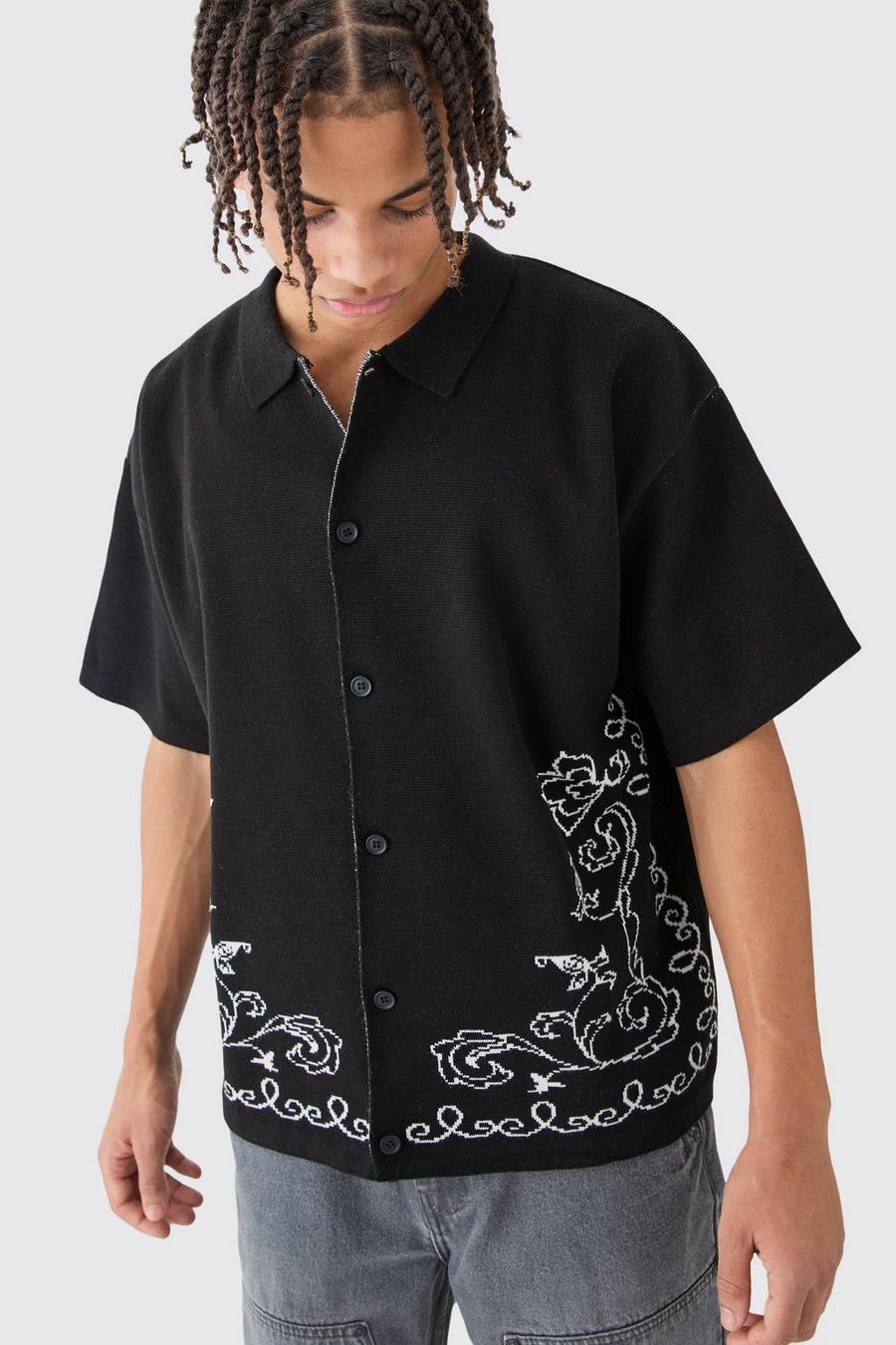 Camicia squadrata in maglia in jacquard nera con dettagli astratti, Black