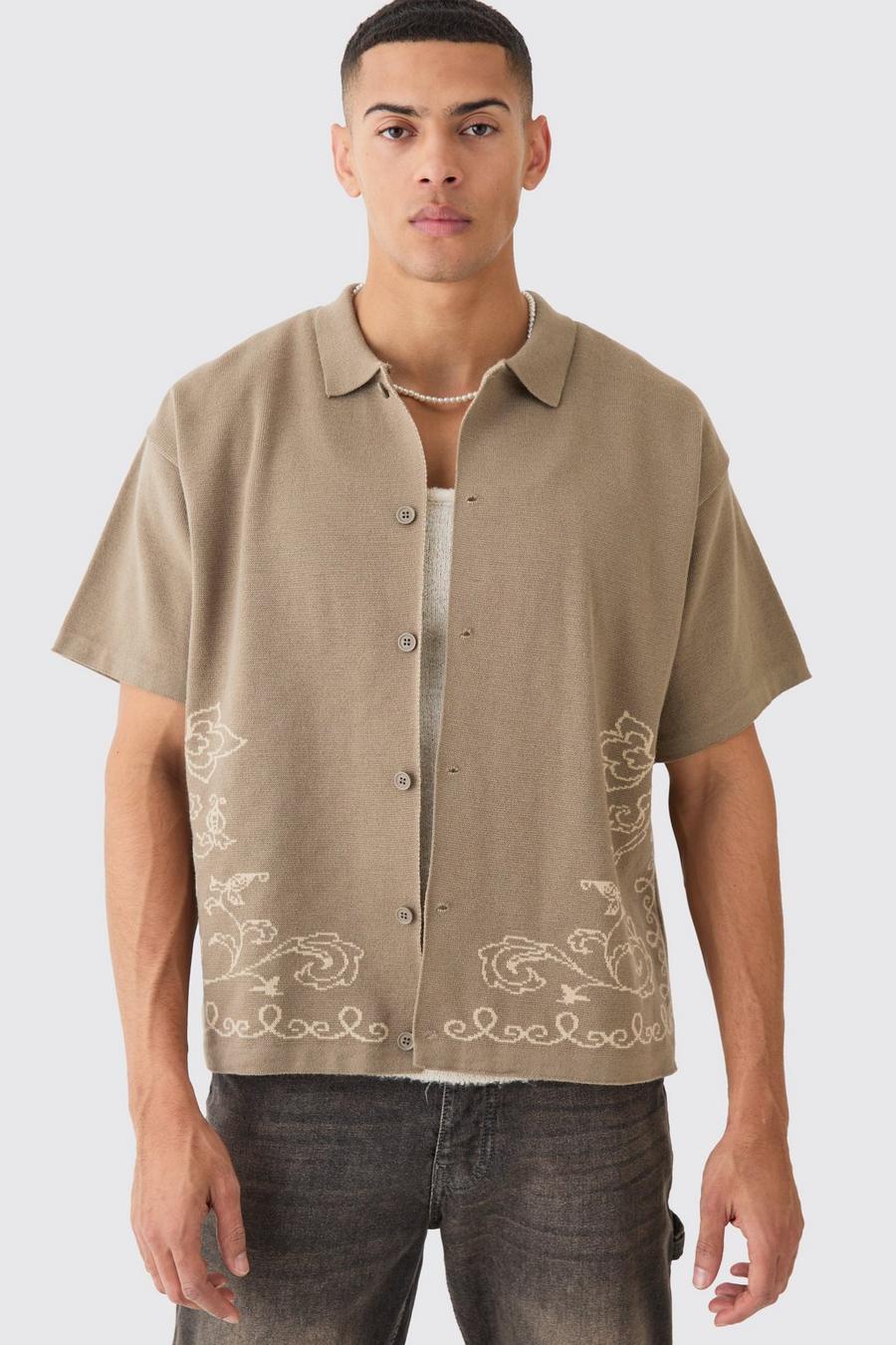 Camicia squadrata in maglia in jacquard color talpa con dettagli astratti, Taupe image number 1