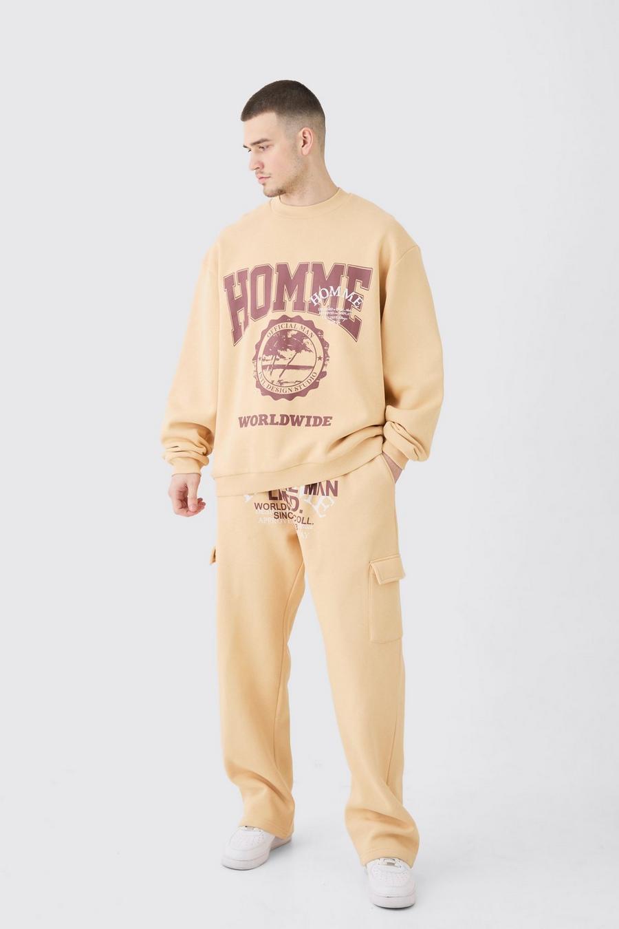 Tall Oversize Sweatshirt-Trainingsanzug mit Homme Worldwide Print, Sand