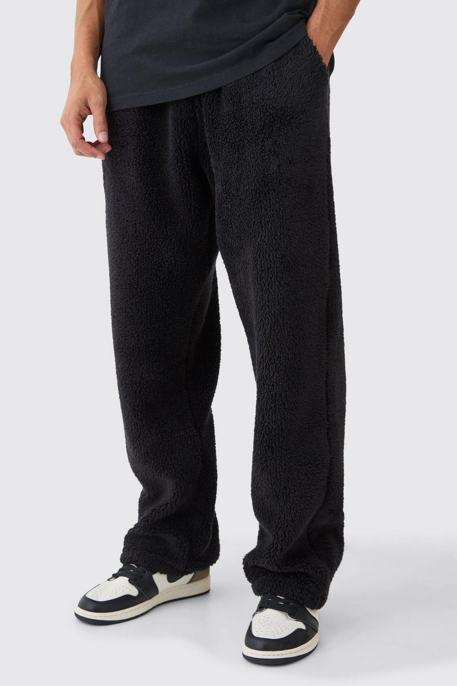 Pantalón deportivo oversize liso de borreguito, Black