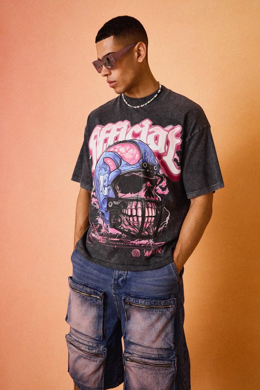 Kastiges Oversize T-Shirt mit Official Totenkopf-Print und Acid-Waschung, Charcoal