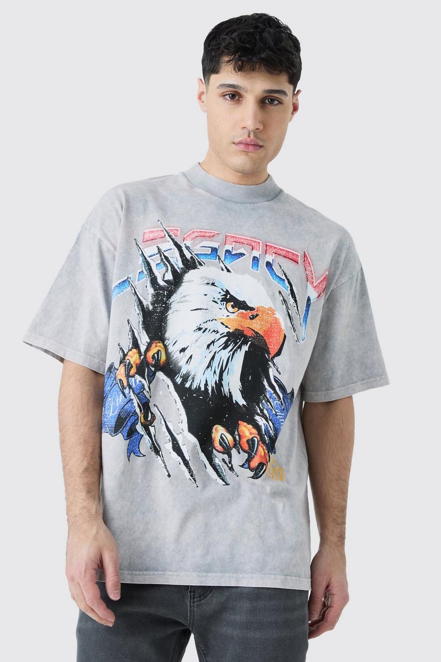 Light grey Oversized Dik Acid Wash Gebleekt Eagle T-Shirt