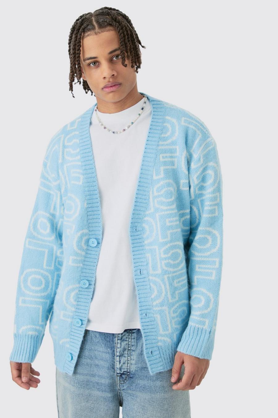 Light blue Boxy Fluffy Branded Knitted Cardigan In Blue image number 1