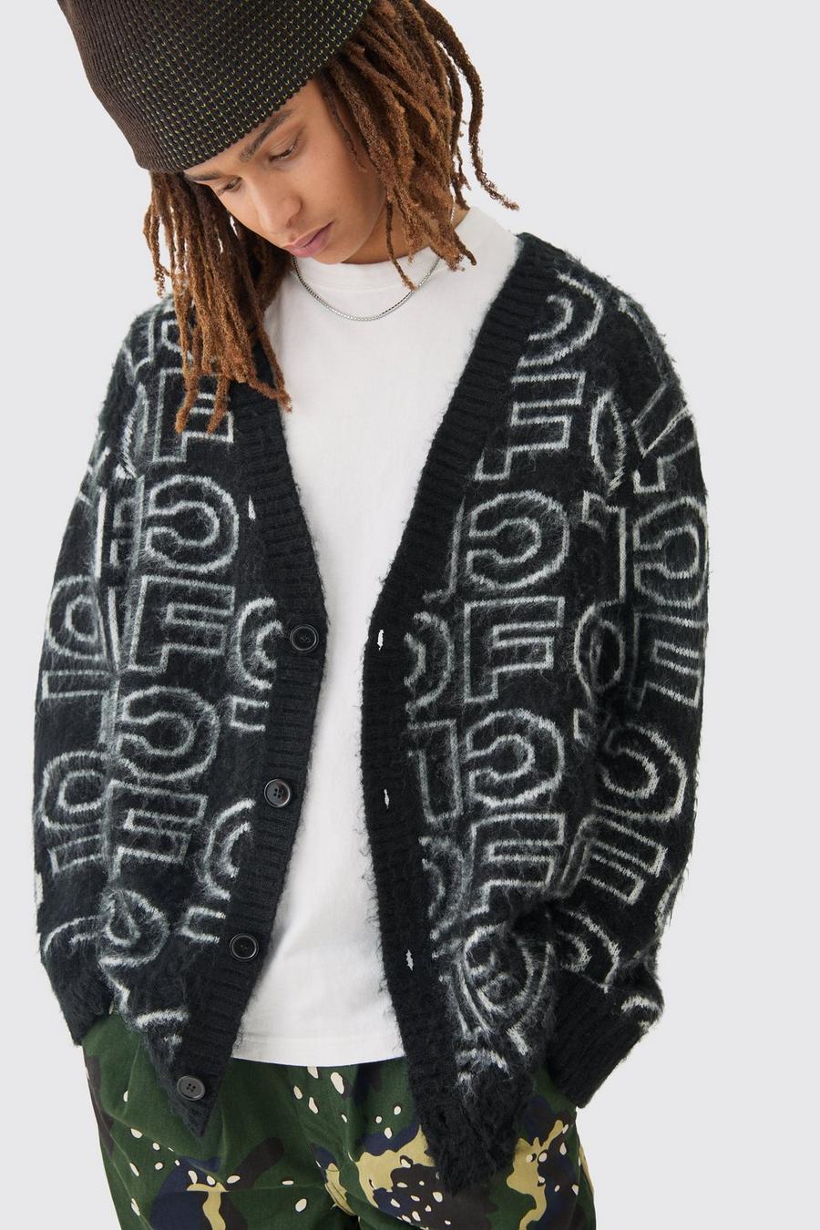 Boxy Fluffy Branded Knitted Cardigan In Black