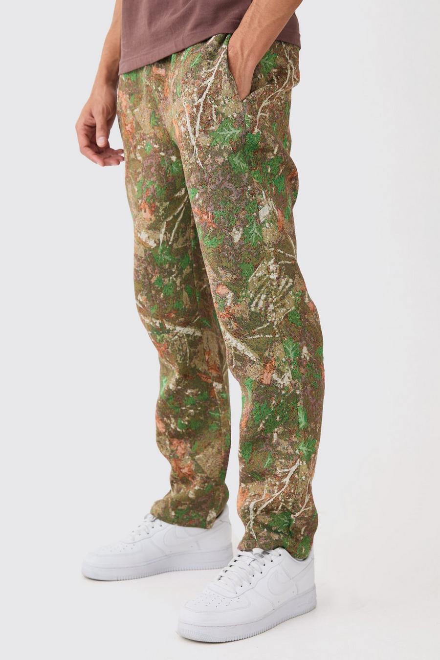 Pantalon droit à taille élastiquée et imprimé camouflage, Khaki