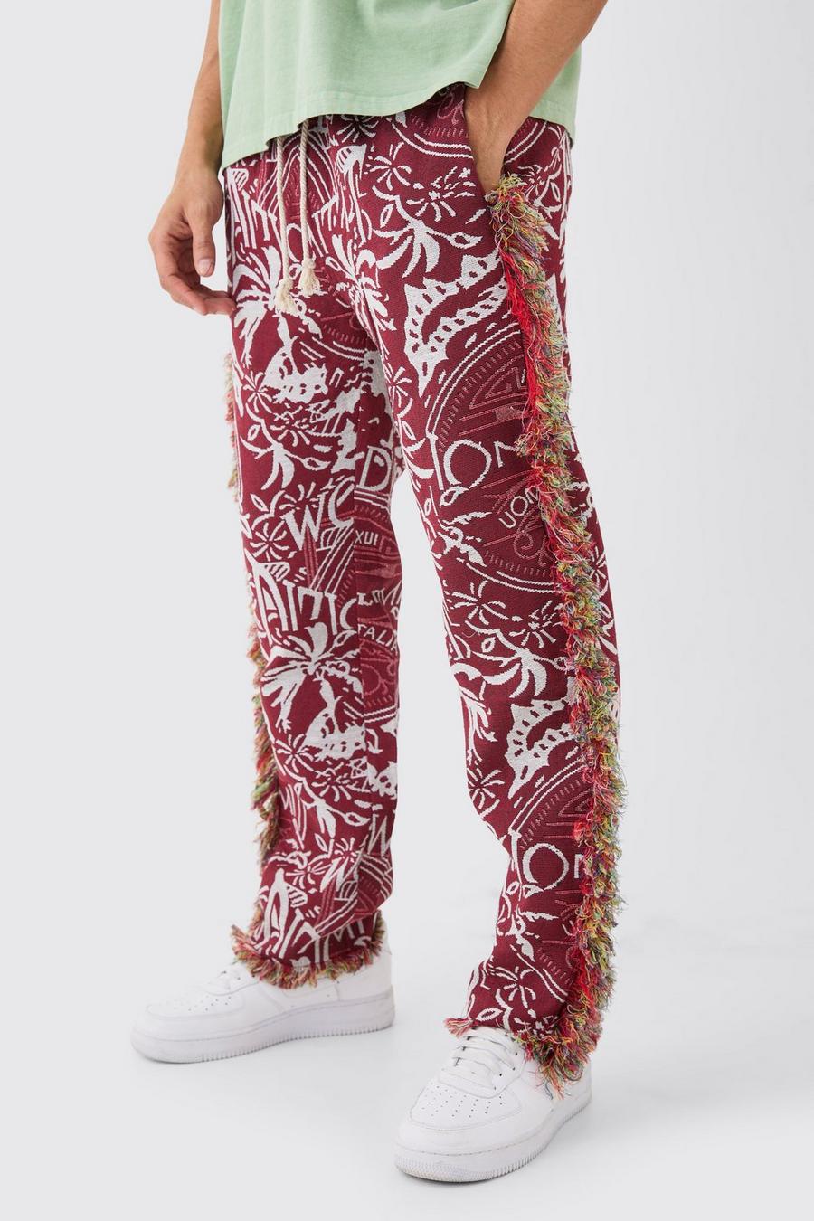 Red Elastic Waist Straight Leg Frayed Tapestry Trouser 