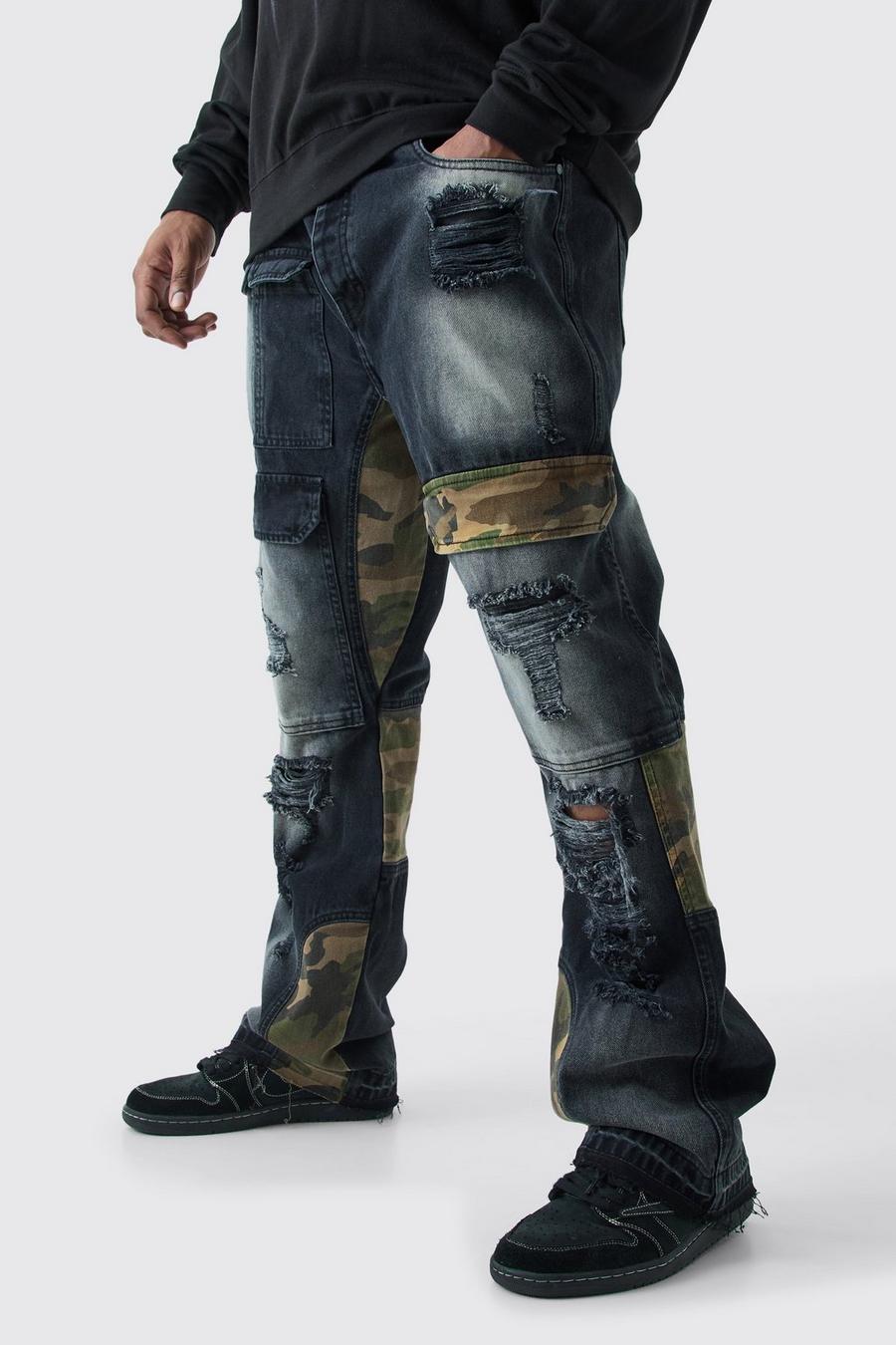 Jeans Cargo Plus Size Slim Fit in denim rigido in fantasia militare con rattoppi, Washed black