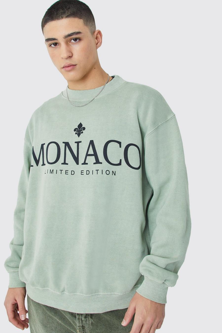 Sudadera oversize sobreteñida con estampado gráfico de Monaco y cuello extendido, Sage