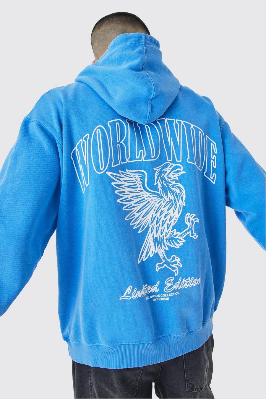 Felpa oversize sovratinta Worldwide con cappuccio, Blue