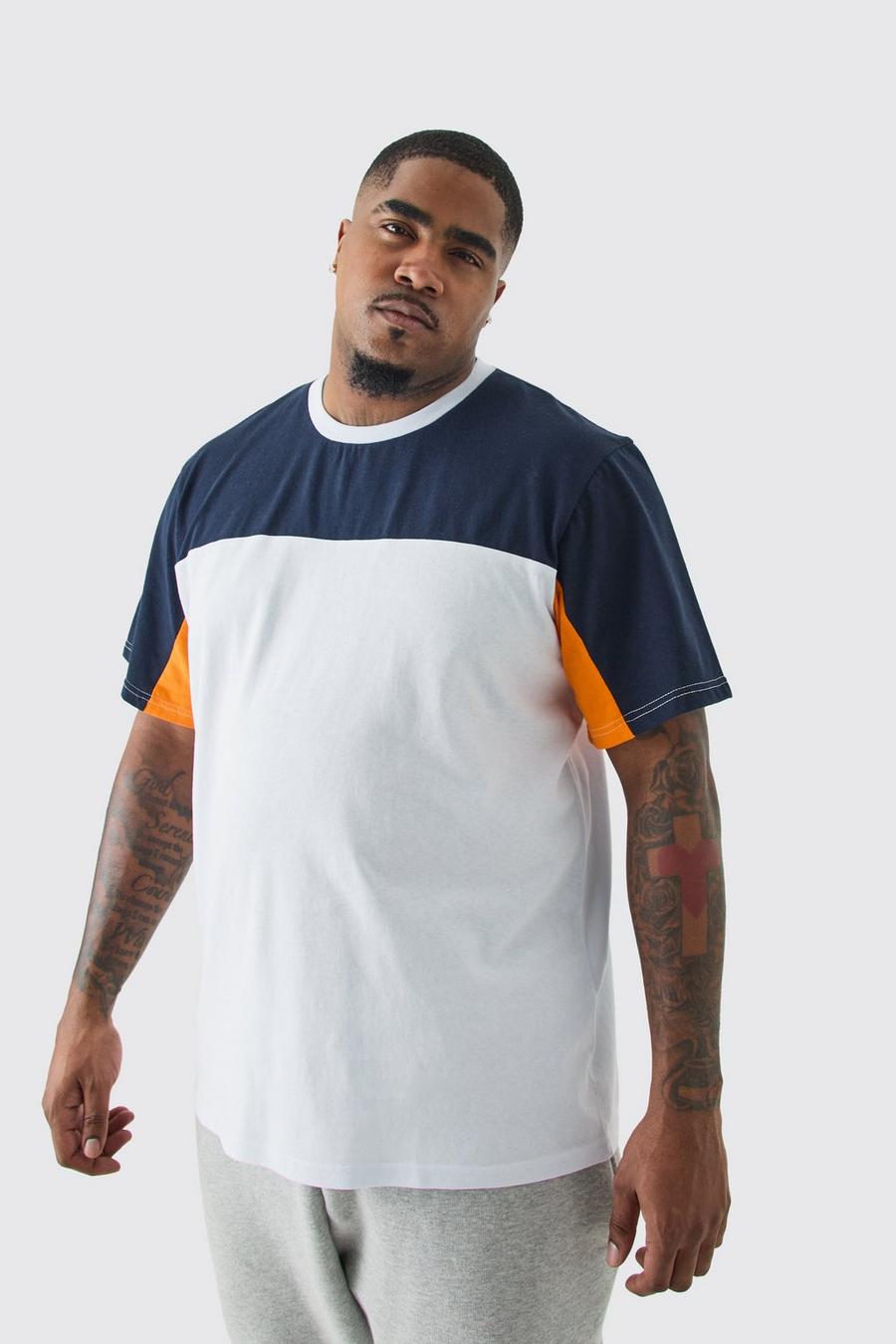 Plus Regular Fit Colour Block Panelled T-shirt In Navy