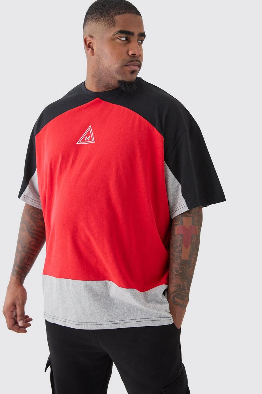 T-shirt Plus Size oversize rossa a blocchi di colore con logo, Red