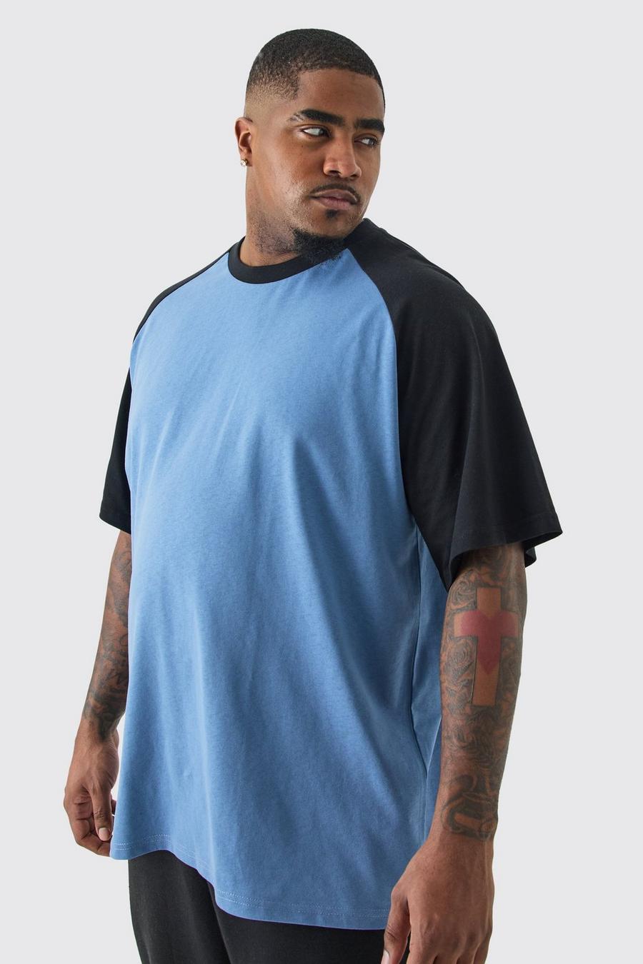 Plus blaues Colorblock T-Shirt mit Raglan-Detail, Blue