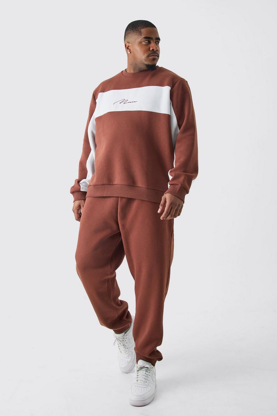 Plus Colorblock Man Sweatshirt-Trainingsanzug, Chocolate