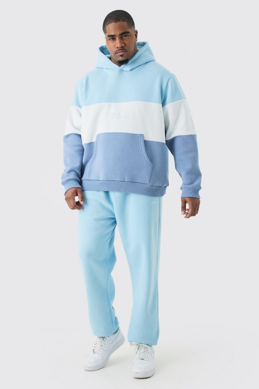 Plus Colour Block Man Hooded Tracksuit In Light Blue image number 1