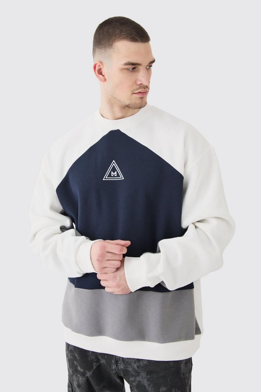 Navy Tall Oversize mönstrad sweatshirt med blockfärger image number 1