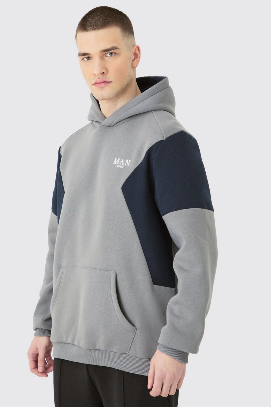 Tall Colour Block Man Roman Panelled Hoodie In Charcoal