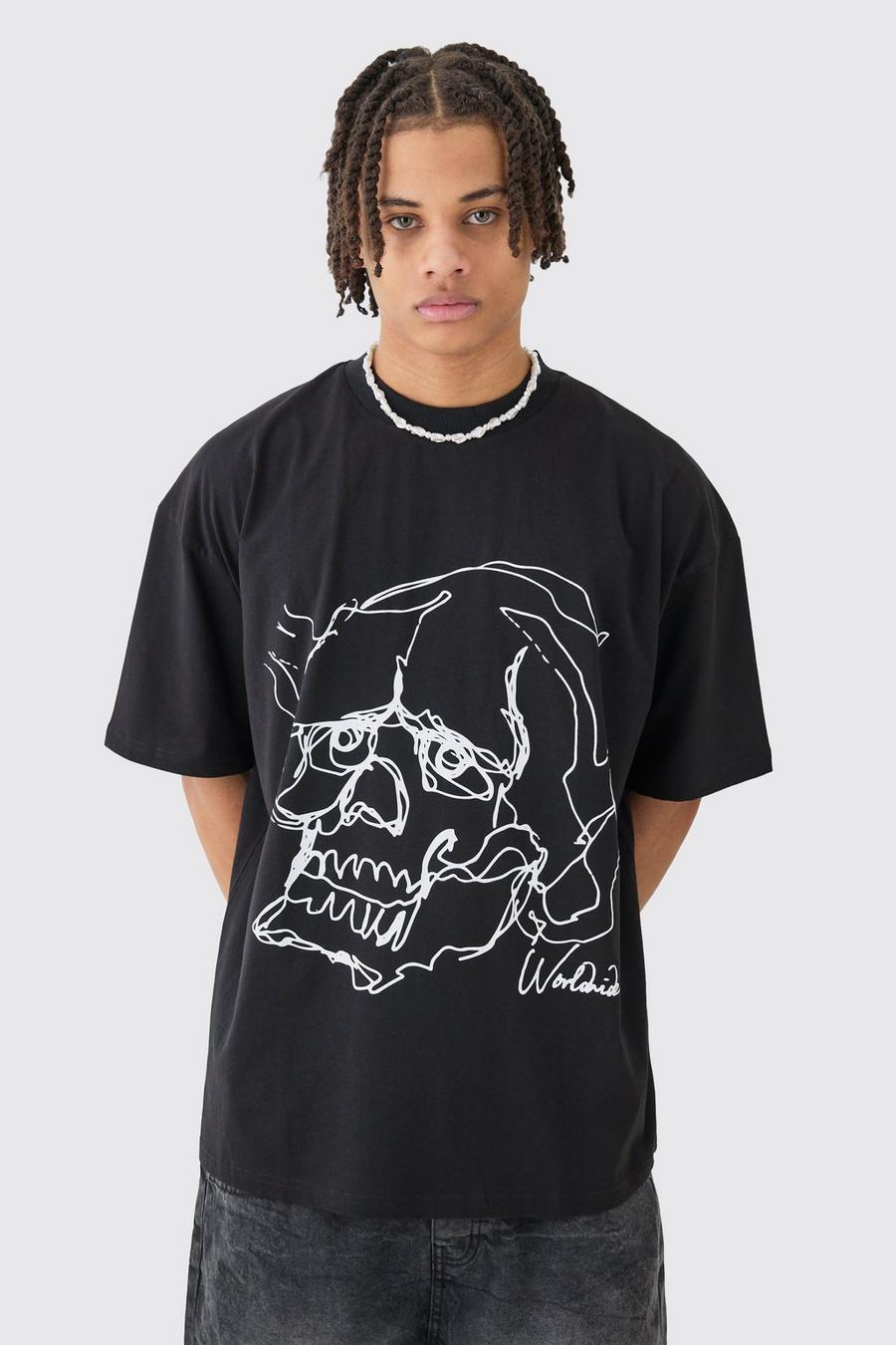 Black Oversized Boxy Extended Neck Skull Line Drawing T-shirt