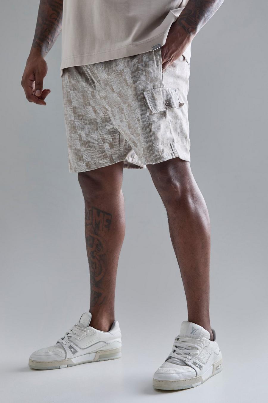 Pantalón corto Plus cargo texturizado color piedra con cintura elástica, Stone