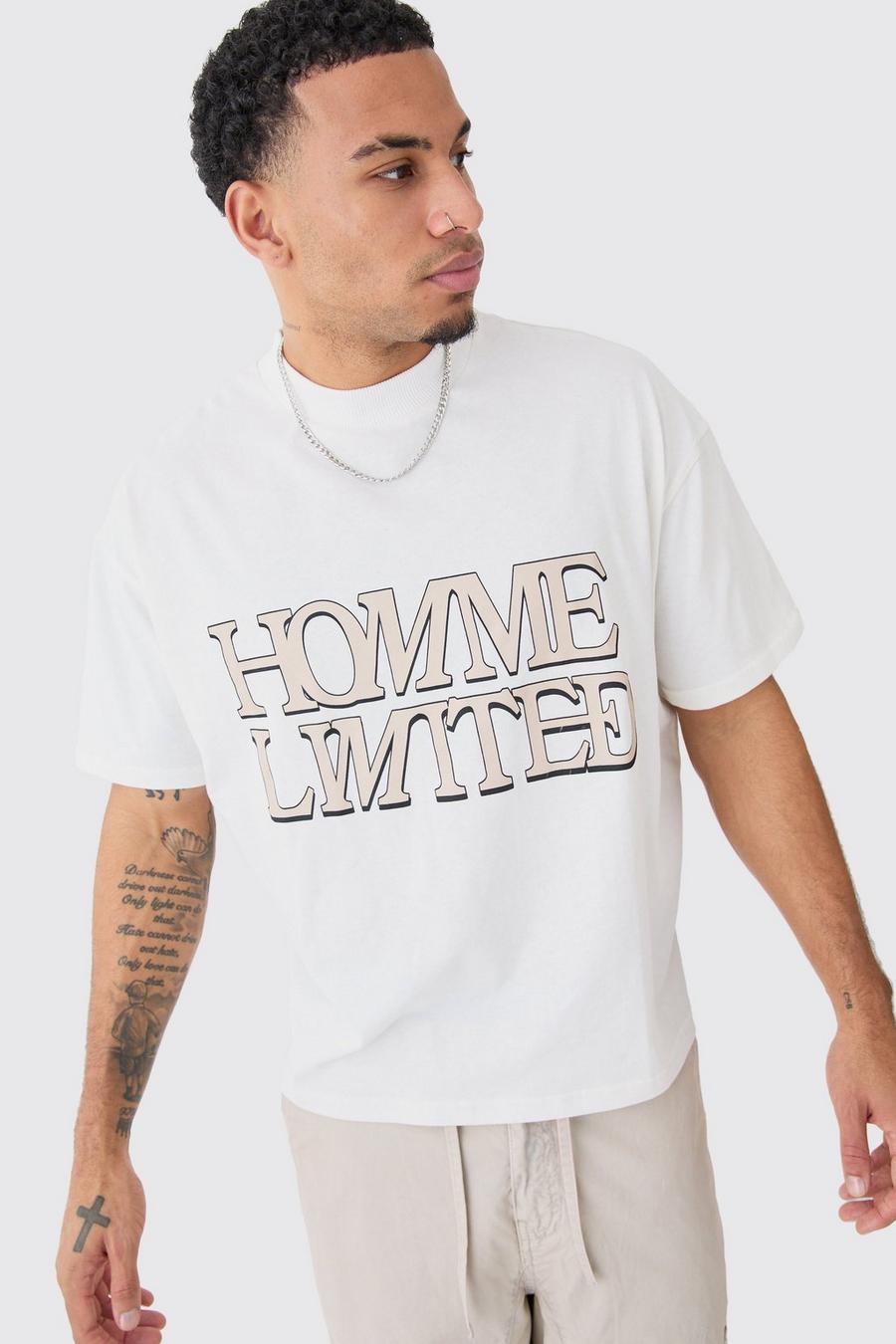 Ecru Oversized Boxy Homme Ltd T-Shirt Met Brede Nek