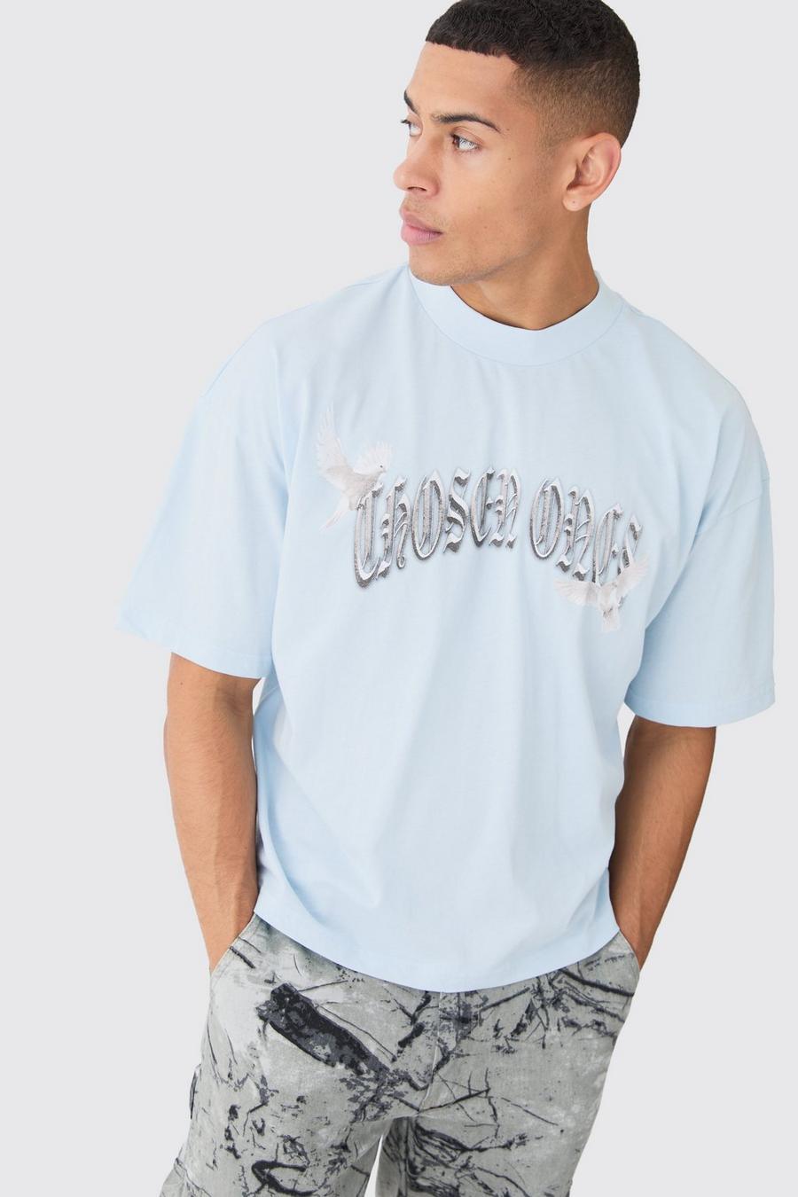 Camiseta oversize recta con cuello extendido y estampado de pájaro, Light blue