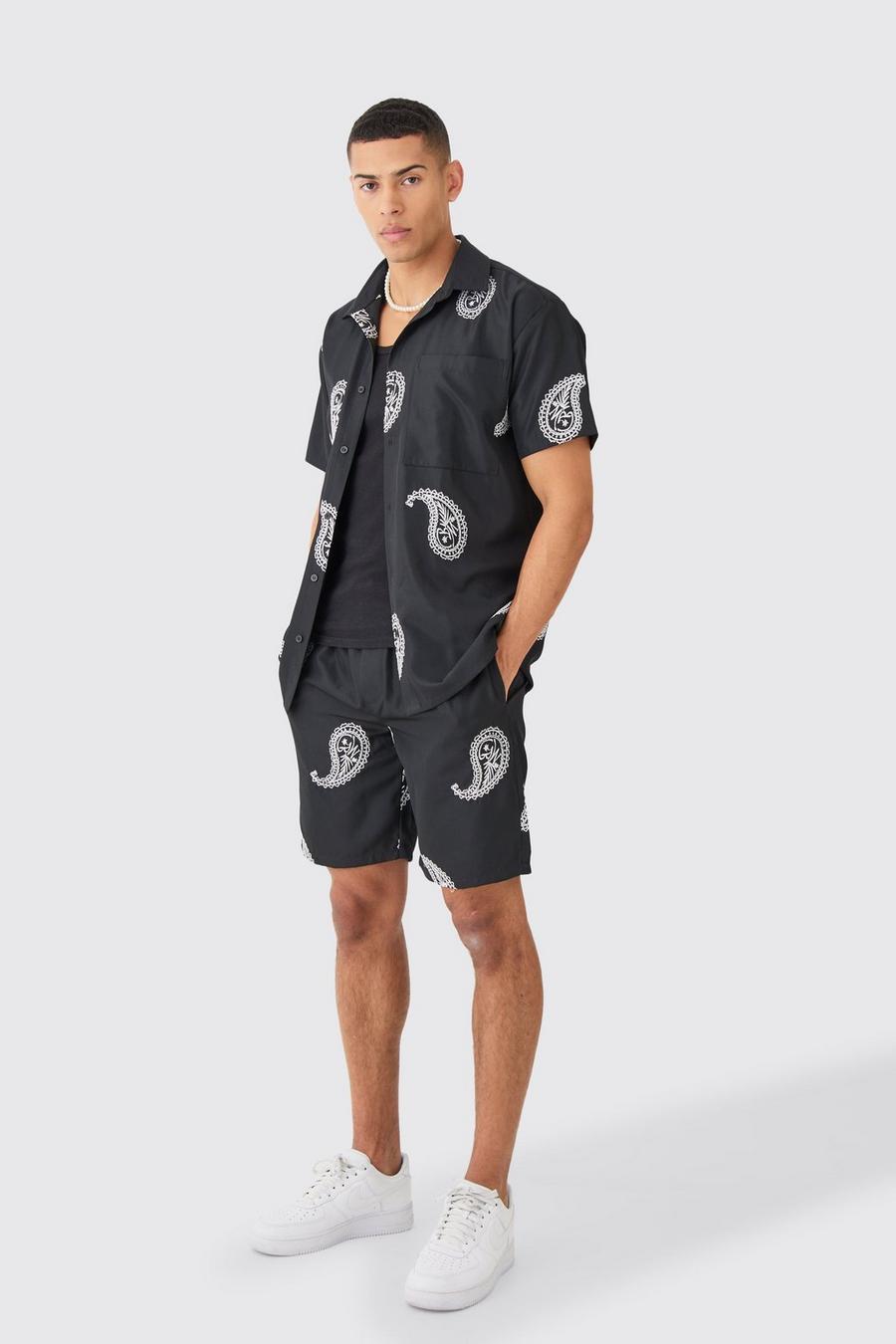Oversize Twill-Hemd und Shorts mit Paisley-Stickerei, Black