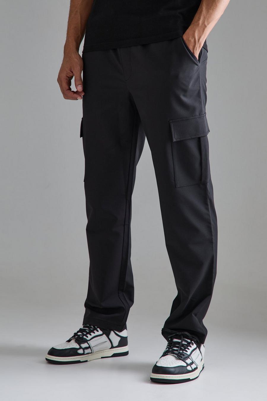 Pantalón elegante cargo de pernera recta con cintura elástica, Black