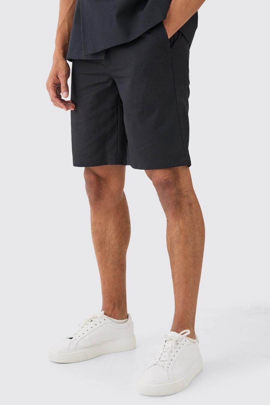 Black Elasticated Waistband Linen Blend Smart Relaxed Shorts