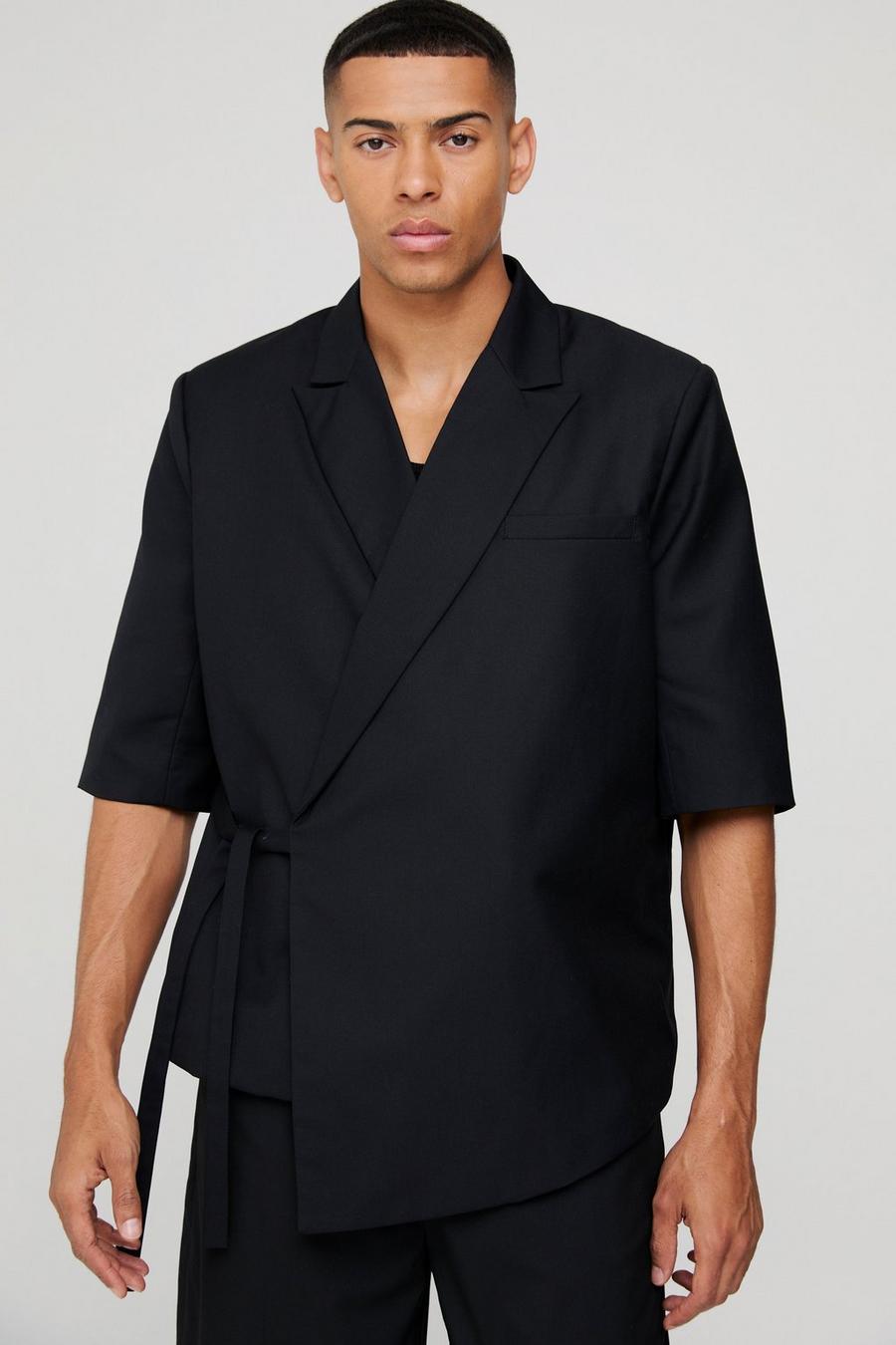 Kurzärmliger Oversize Blazer mit seitlicher Bindung, Black image number 1