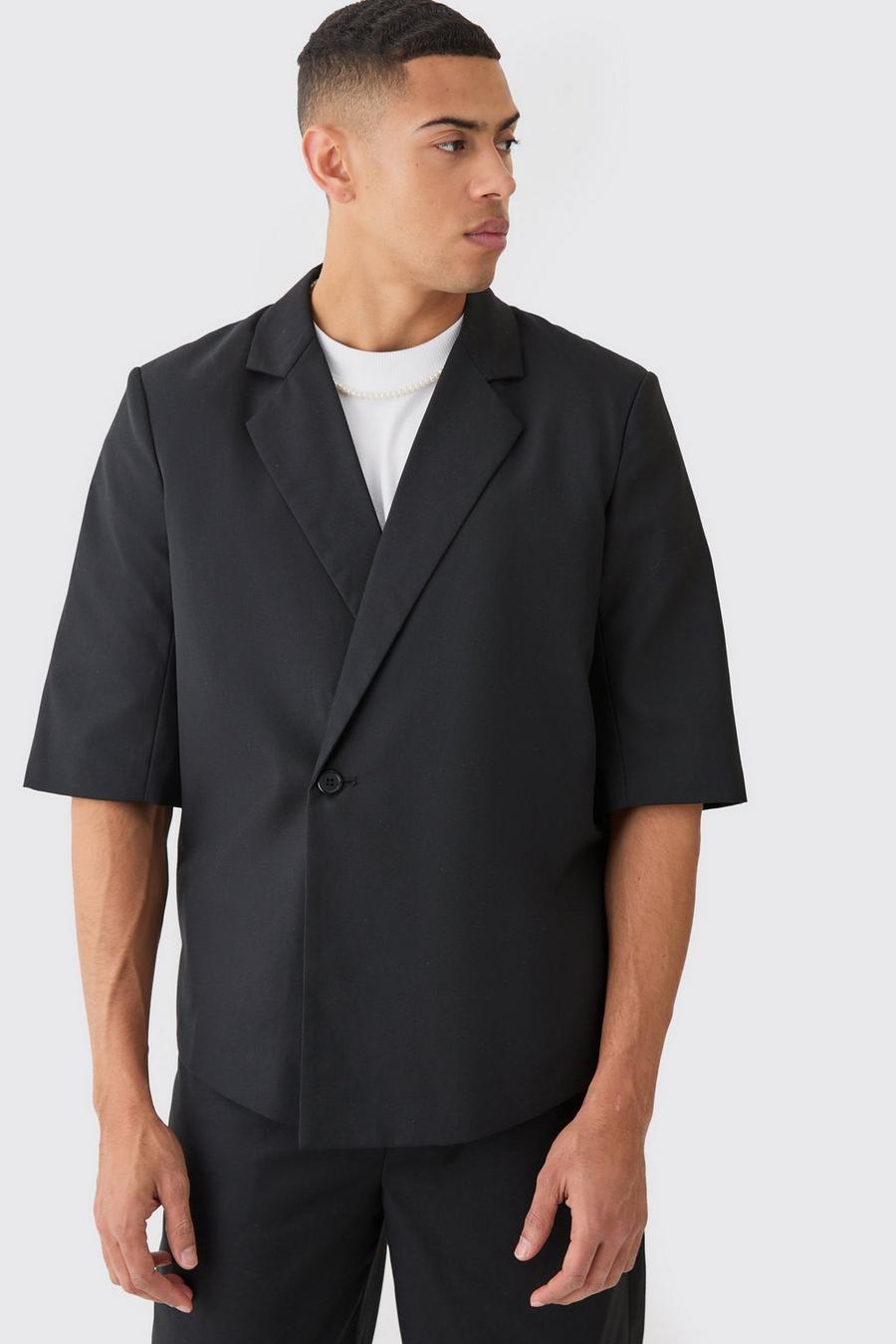 Black Short Sleeve Boxy Wrap Blazer