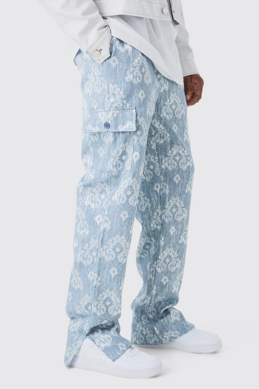 Blue Tall Elasticated Waist Split Hem Tapestry Cargo Trouser