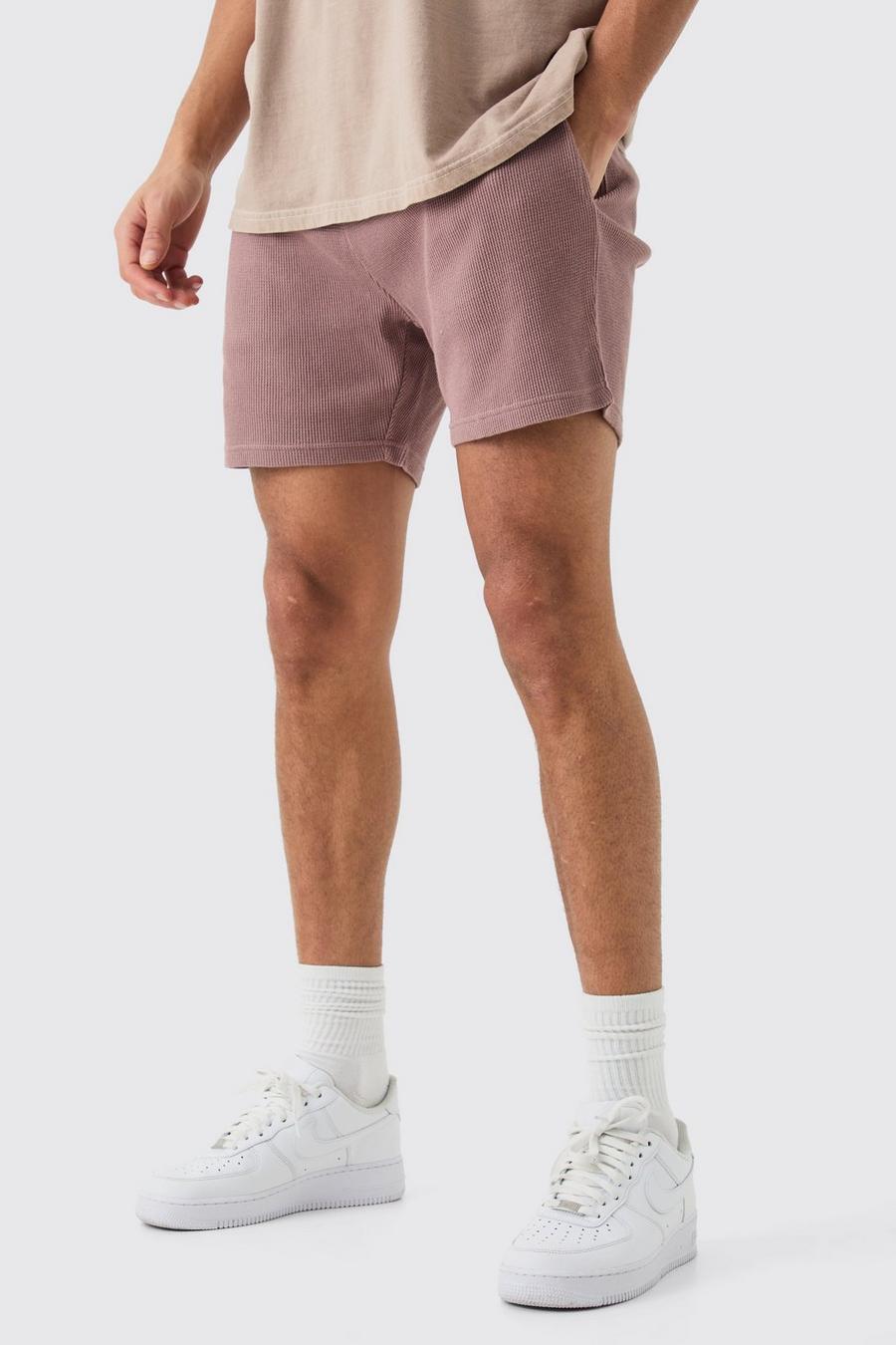 Mauve Korte Wafel Gebreide Slim Fit Shorts