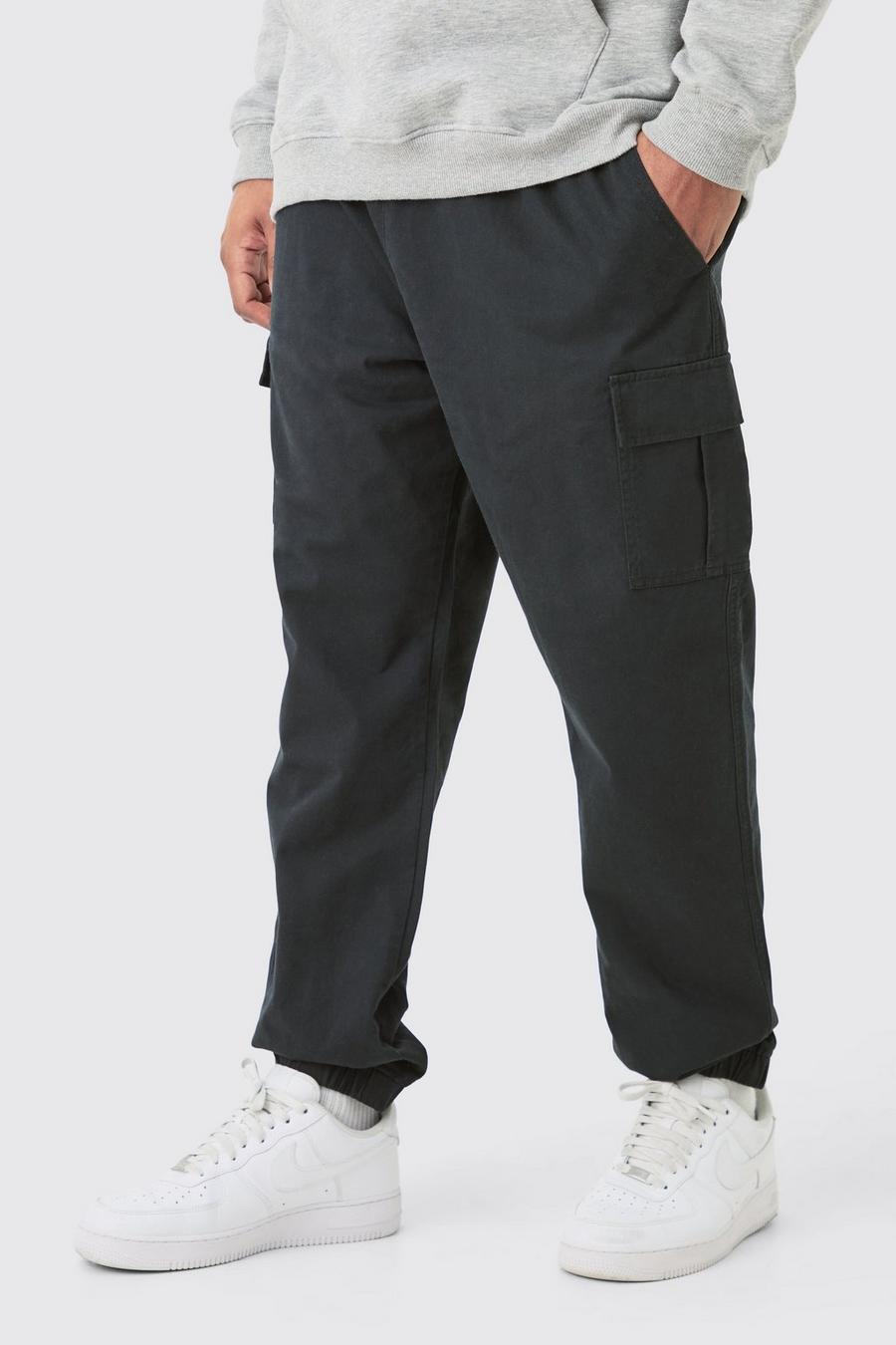 Plus Slim-Fit Twill Cargo-Hose mit elastischem Bund, Black image number 1