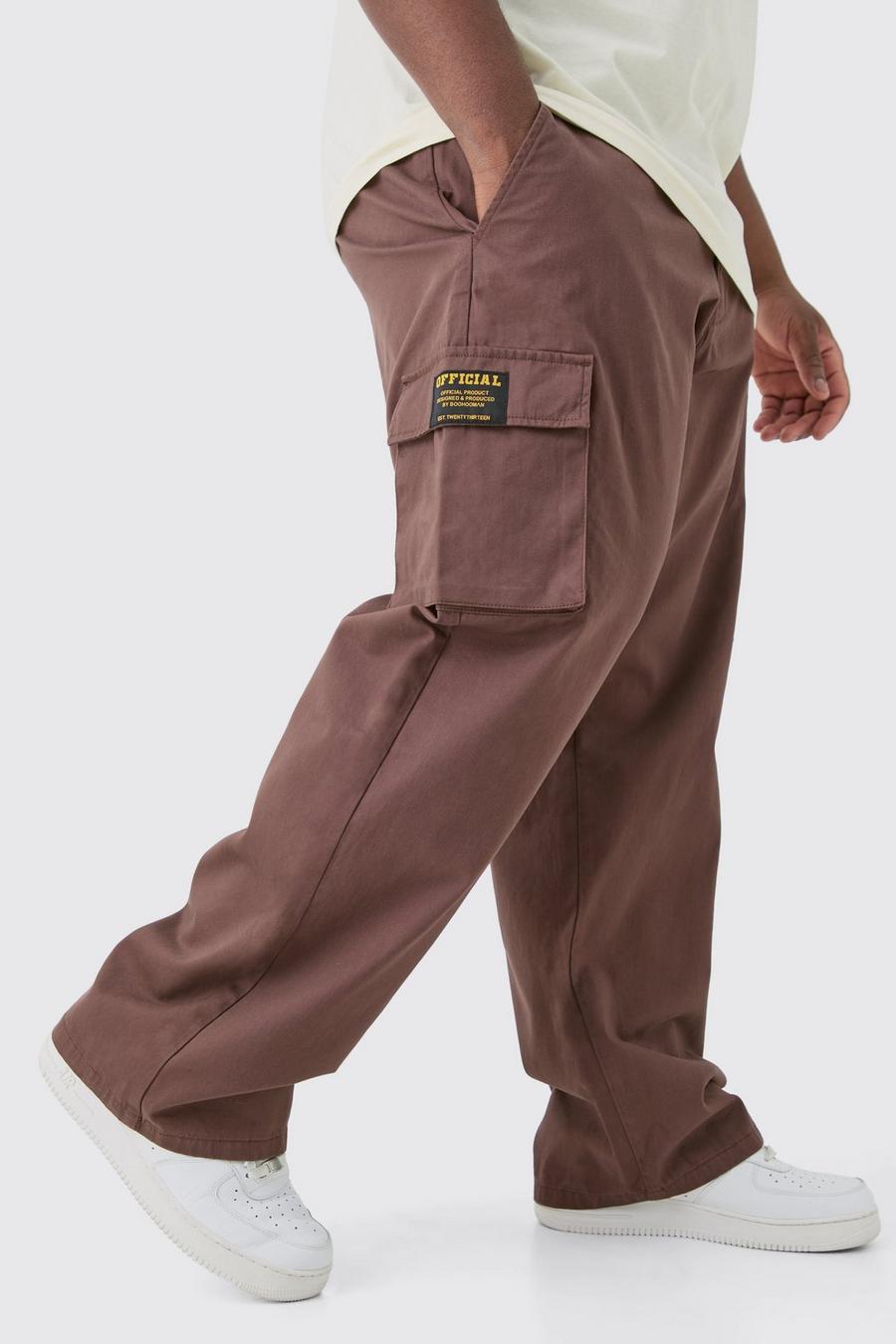 Pantalón Plus cargo holgado de sarga con cintura fija y etiqueta, Chocolate image number 1