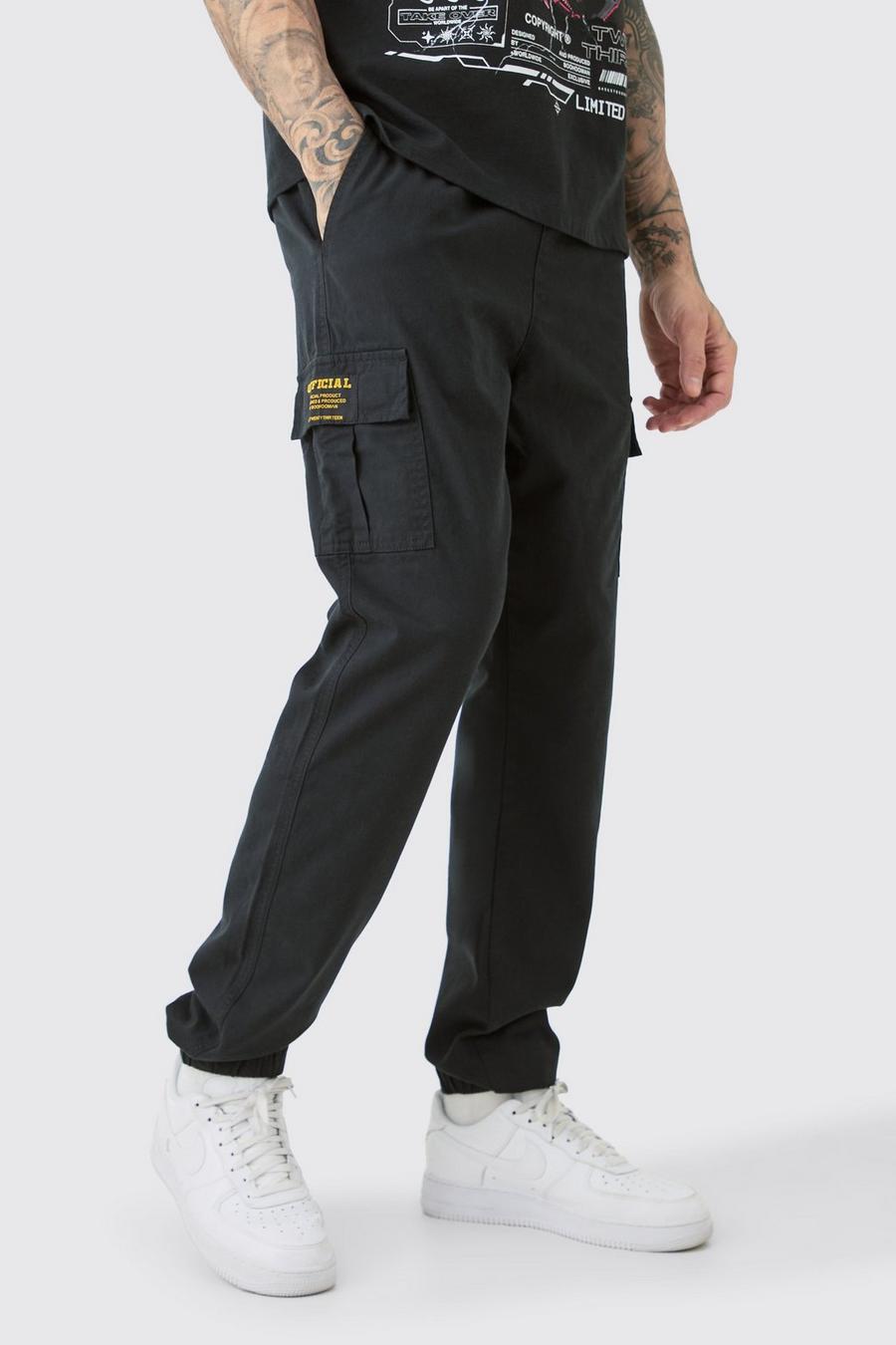 Pantaloni Cargo Tall Slim Fit in twill con vita elasticizzata e etichetta Cargo, Black image number 1