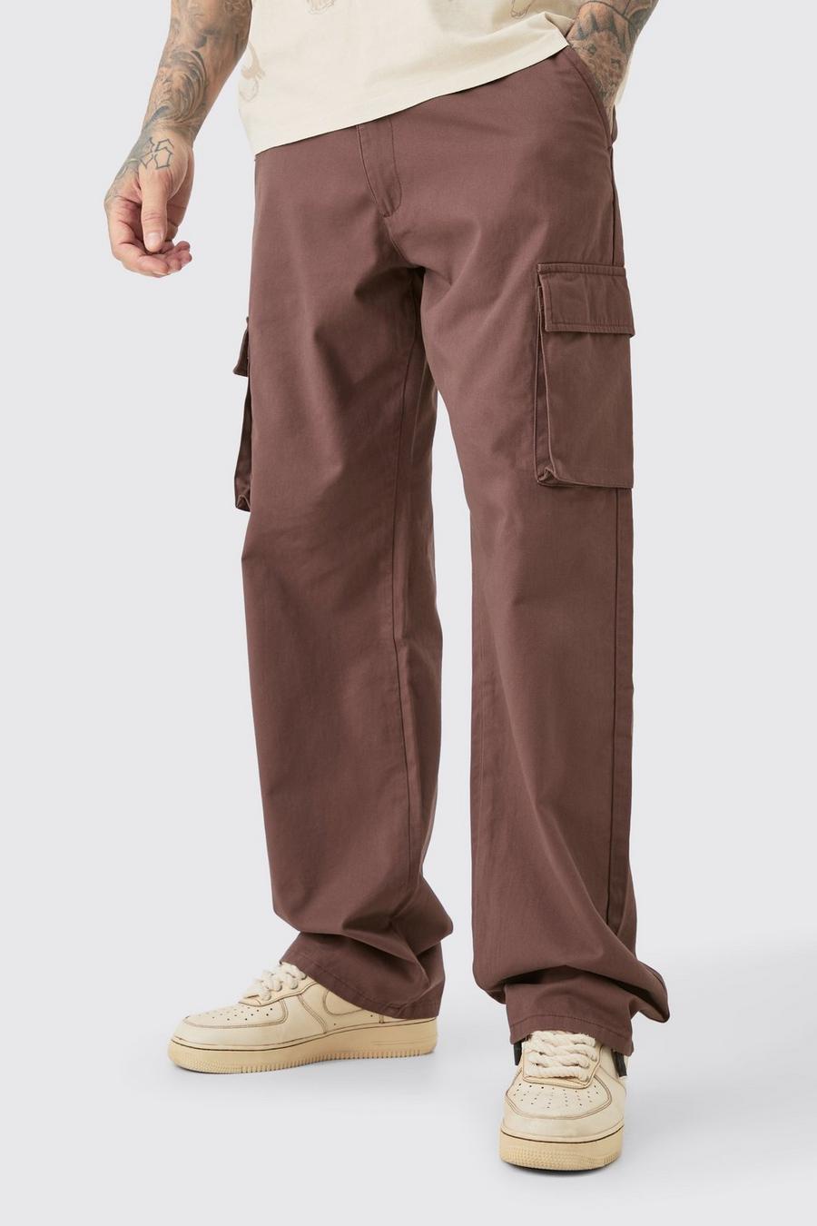 Chocolate Tall Fixed Waist Twill Relaxed Fit Cargo Tab Trouser