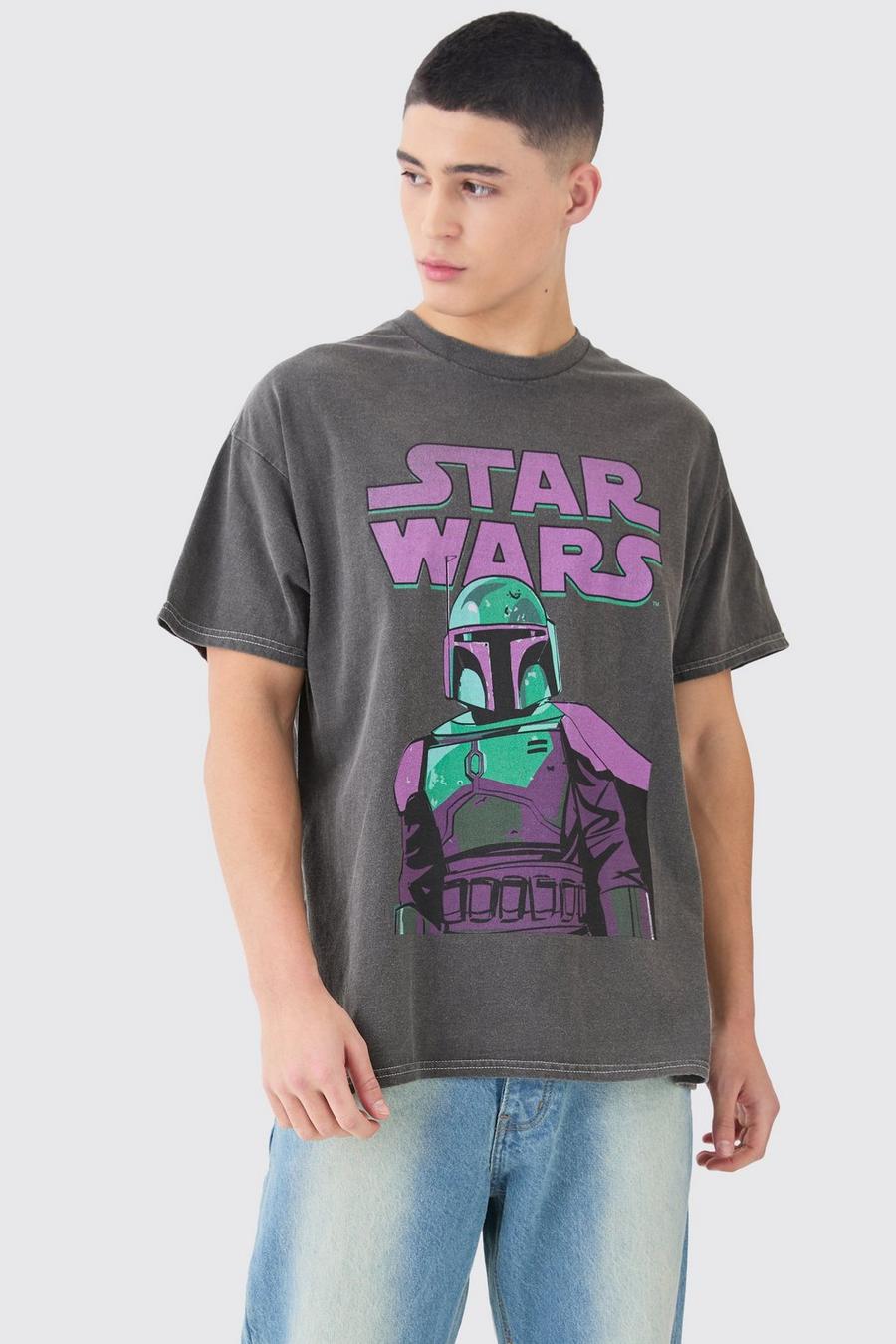 Charcoal Oversized Star Wars Boba Fett Wash License T-shirt